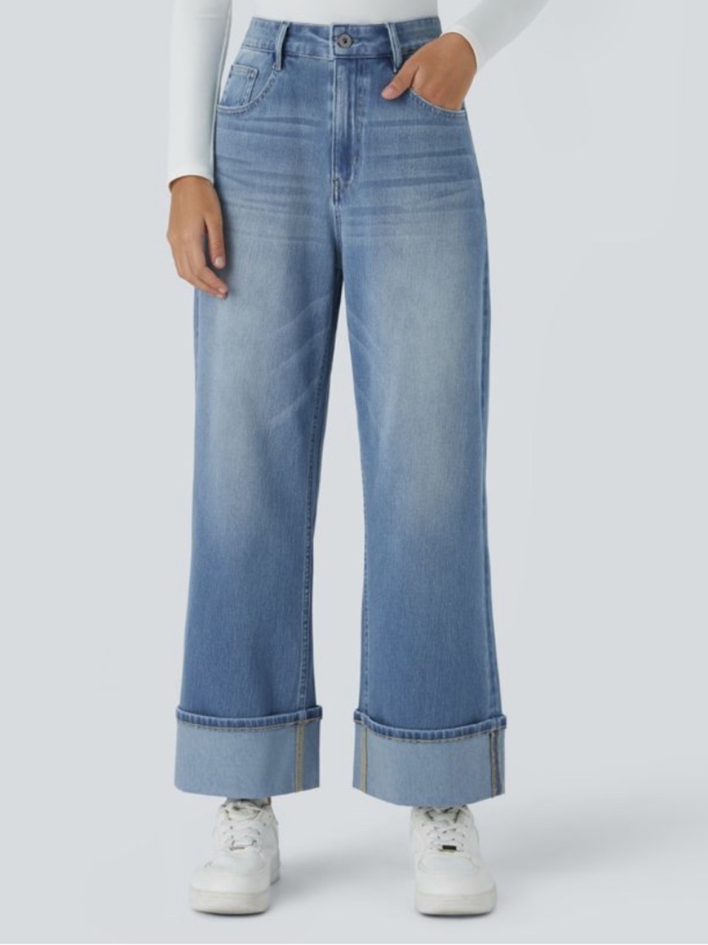 HALARA Light Blue Wide-Leg Cuffed Jeans
